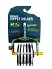 Spring-loaded tippet holder with rotatable razorblade cutter, holds up to 7 spools for easy fly fishing organization